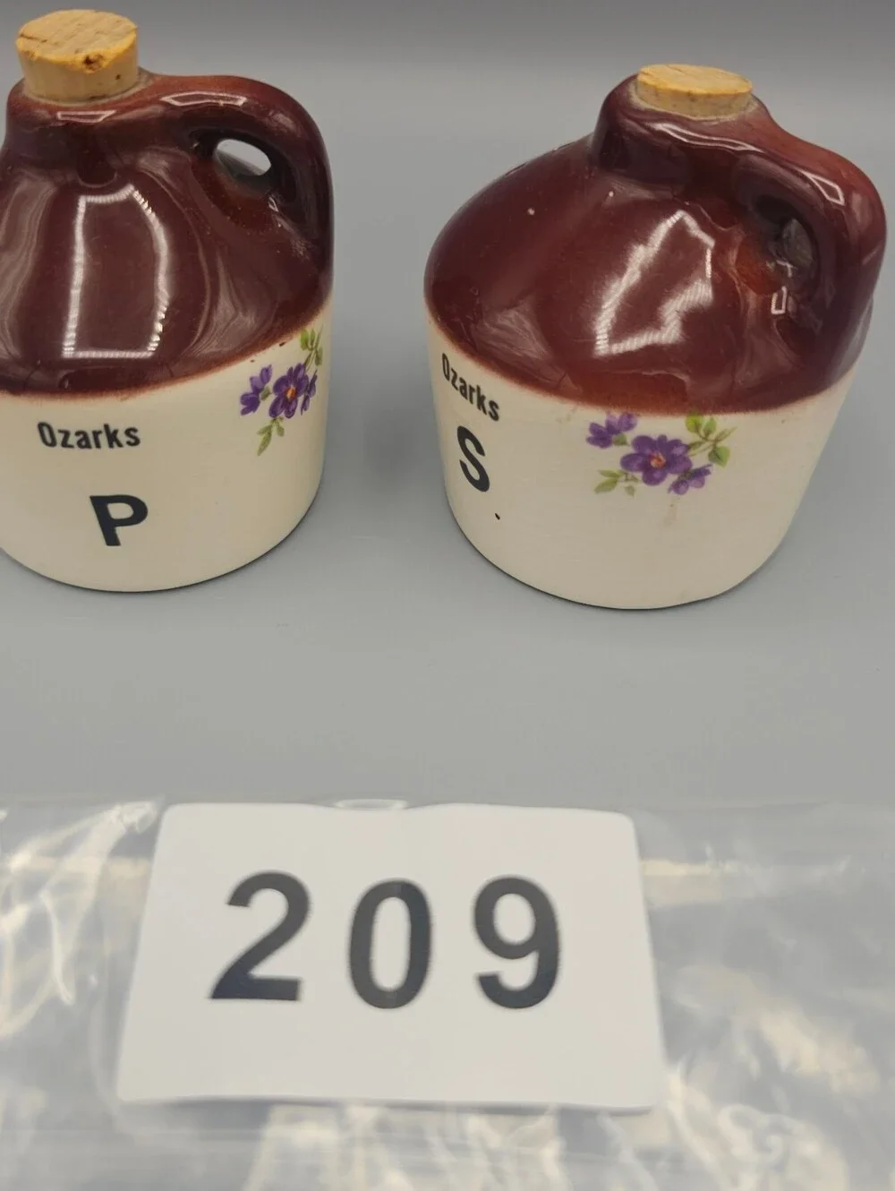 Vintage Ozarks Ceramic Salt and Pepper Shakers with Cork Stoppers